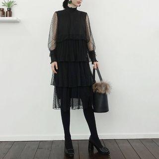 Long-sleeve Dotted Mesh Dress