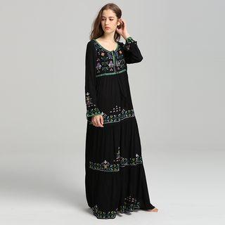 Long-sleeve Floral Embroidery Maxi Dress