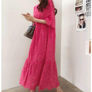 Round-neck Eyelet Midi Dress