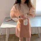Set: Puff-sleeve Flower Print Blouse + Mini A-line Skirt