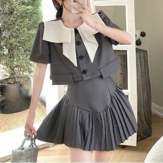 Set: Short-sleeve Button Jacket + A-line Skirt