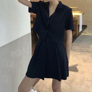 Short-sleeve Lapel Top / Pleated Skirt