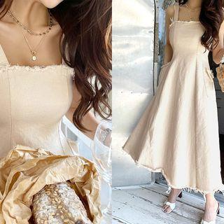 Frayed Denim Long Pinafore Dress
