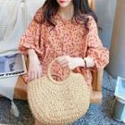 Round-neck Lantern-sleeve Floral Cotton Linen Shirt