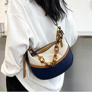 Faux Leather Two-tone Shoulder Bag Dark Blue - One Size