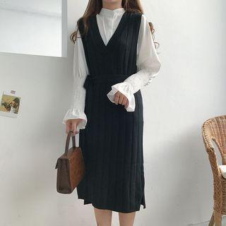 Set: Sleeveless Knit Dress + Band Collar Shirt