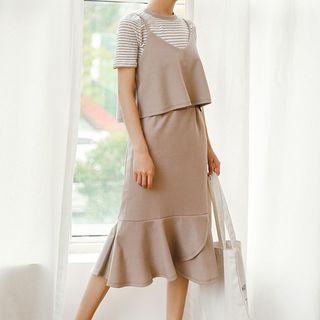 Set: Spaghetti Strap Top + Short-sleeve Top + Midi Skirt