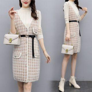 Set: Long-sleeve Knit Top + Knit Mini Sheath Pinafore Dress White - One Size