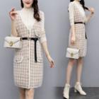 Set: Long-sleeve Knit Top + Knit Mini Sheath Pinafore Dress White - One Size