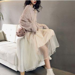 Set: Cable-knit Sweater + Mesh Long-sleeve Midi A-line Dress