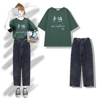 Short-sleeve Cartoon Print T-shirt / Straight-cut Jeans