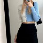 Long-sleeve Two Tone Buttoned Cropped Knit Top