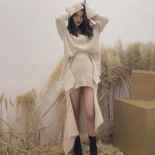 Mock Neck Cut Out Sweater / Asymmetric Hem Mini Knit Skirt
