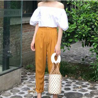 Off-shoulder Elbow-sleeve Top / High Waist Straight-cut Pants