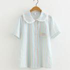 Short-sleeve Lace Trim Embroidered Striped Shirt Stripes - Multicolor - One Size