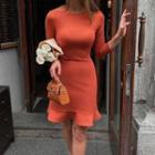 3/4 Sleeve Ruffle Hem Sheath Dress