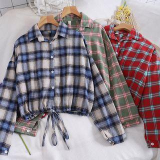 Plaid Long-sleeve Tie-waist Blouse