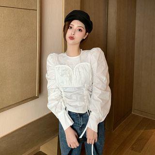 Drawstring Lantern-sleeve Blouse White - One Size