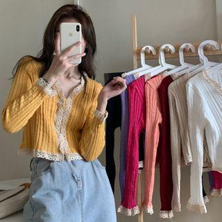 Lace Trim Cropped Rib Knit Cardigan