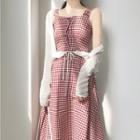 Plain Cardigan / Gingham Strappy A-line Dress