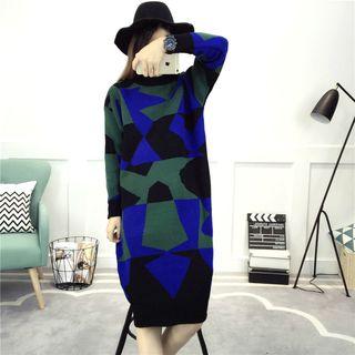 Patterned Long-sleeve Knitted Midi Dress