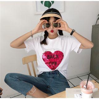 Heart Sequined Short Sleeve T-shirt