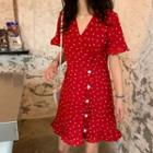 Heart Printed V-neck Short-sleeve Slim-fit Dress As Figure - One Size
