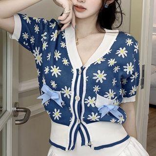Short Sleeve V-neck Flower Print Cropped Cardigan Blue - One Size