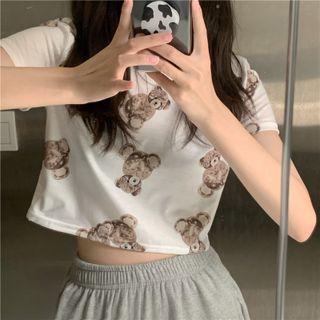 Short-sleeve Bear Print Cropped Top White - One Size
