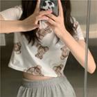 Short-sleeve Bear Print Cropped Top White - One Size