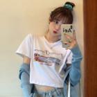 Short-sleeve Beach Print Cropped T-shirt / Ribbed Cardigan