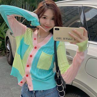 Long-sleeve Color-block Cropped Cardigan Color-block - One Size