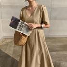 Linen Blend Long Flare Dress Beige - One Size
