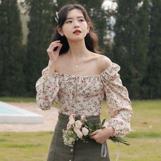 Off-shoulder Flower Print Blouse Floral - One Size