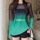 Long-sleeve Gradient Mesh T-shirt Black & Blue - One Size