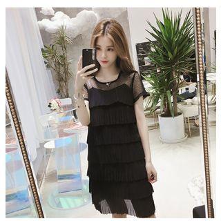 Short-sleeve Lace Paneled A-line Mini Tiered Dress