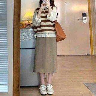 Striped Sweater Vest / Shirt / Midi A-line Skirt / Set