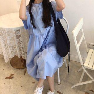 Short-sleeve Buttoned A-line Midi Dress Blue - One Size