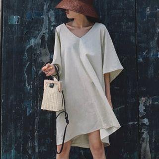 3/4-sleeve Plain Linen Dress