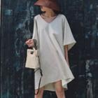 3/4-sleeve Plain Linen Dress