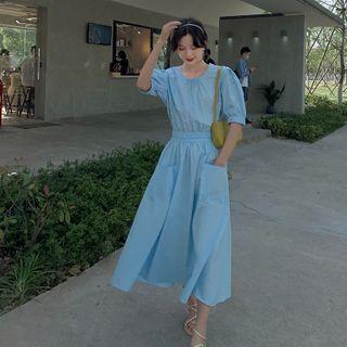 Pocket Detail Puff-sleeve Midi A-line Dress