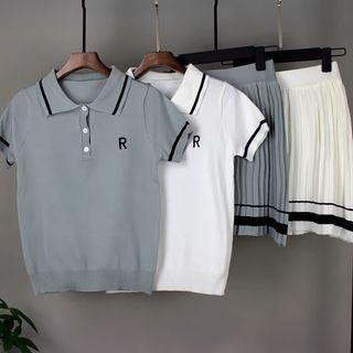 Set: Short-sleeve Contrast Trim Knit Polo Shirt + Knit Accordion Pleated Skirt