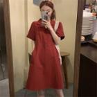 Short-sleeve Mini A-line Shirtdress Red - One Size
