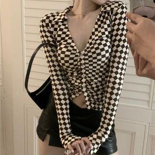 Checkered Shirt / Faux Leather Mini Pencil Skirt