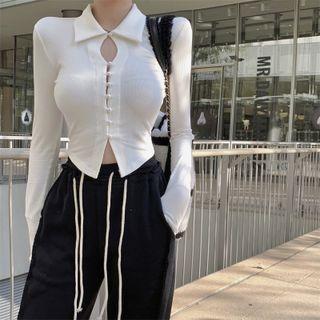 Faux Pearl Button Keyhole Polo Neck Top / Drawstring Straight Leg Pants