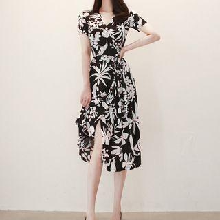 Flower Print Short-sleeve Slit A-line Midi Dress
