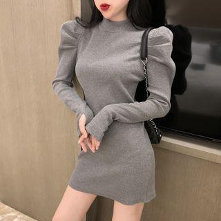 Puff-sleeve Mock Neck Plain Slim Fit Dress