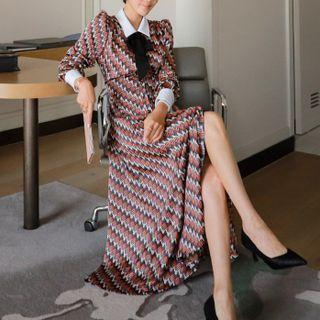 Long-sleeve Collared Pattern Midi A-line Dress