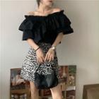 Off-shoulder Puff-sleeve Blouse / Leopard Print Mini A-line Skirt
