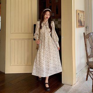 Long-sleeve Floral Print Midi A-line Dress Floral - White - One Size